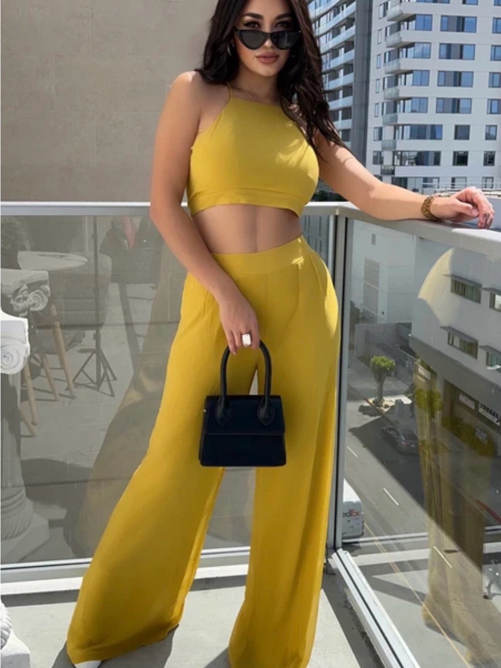 Fashion Nova Mustard Wide-Leg Crop Top Jumpsuit Set